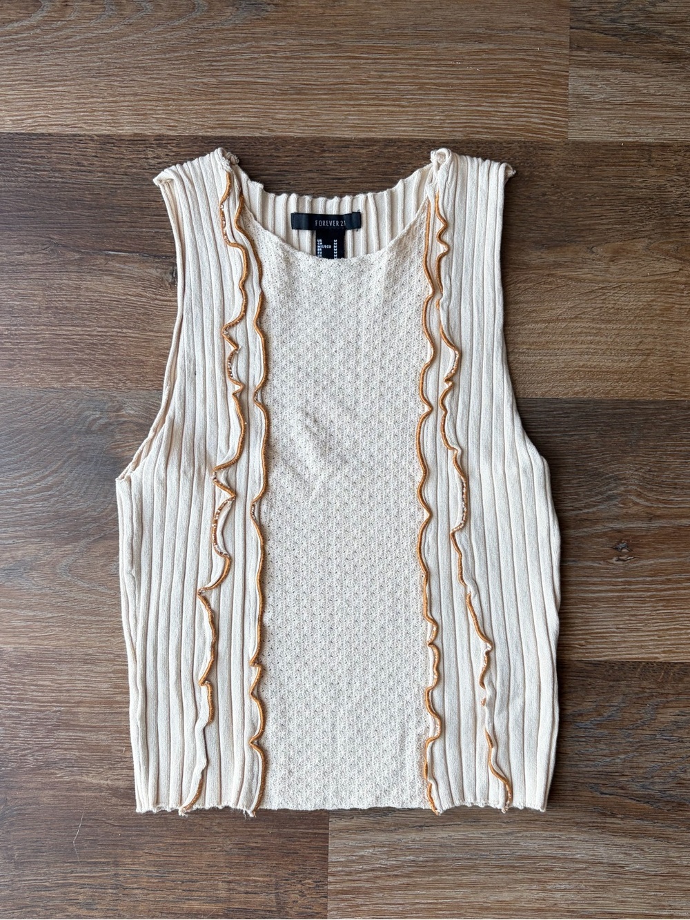 Forever 21 Cream Ribbed Ruffle-Trim Knit Tank